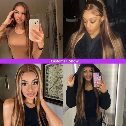 13x4 Lace Frontal Highlight Straight Remy Wigs Human Hair Glueless Lace Wig 150% Density Original Brazilian For Black Women
